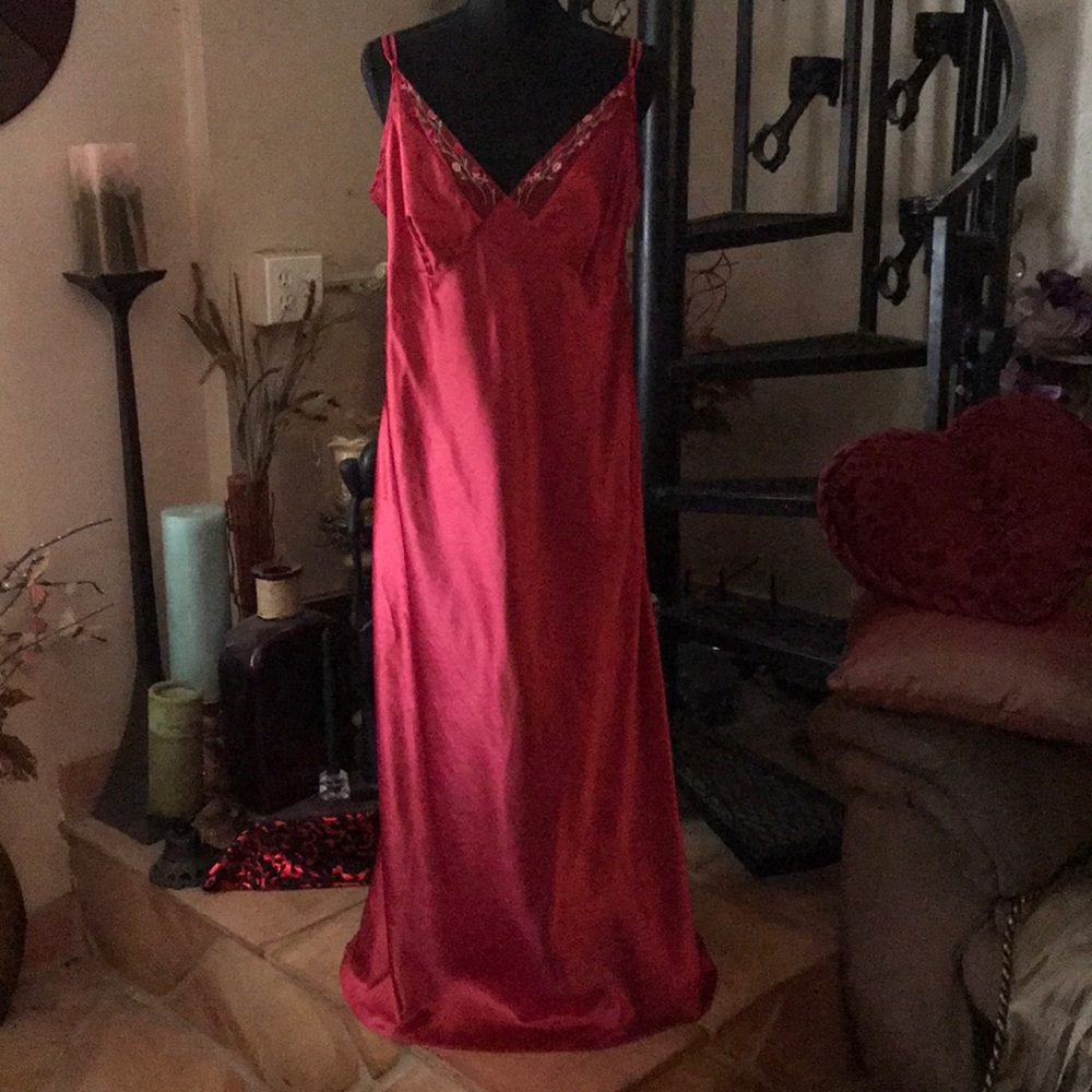 Vintage Sexy Satin Red Long Maxi Nightgown Slip Dress Night Dress Lingerie Plus